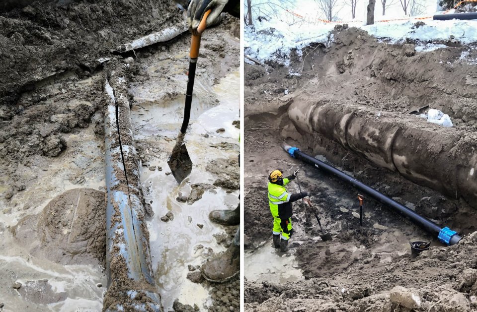 Huolella haljennut PVC-vesijohto ennen korjausta ja sen jälkeen.