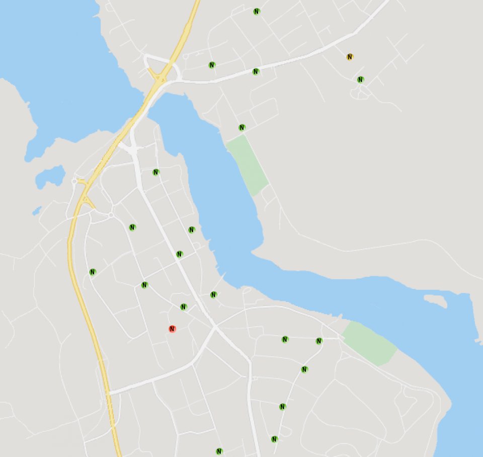 Karttaesimerkki. Kartta näyttää selkeästi loggerien sijainnit, ja jos ne rekisteröivät vuotoääntä, ne näkyvät siinä keltaisena tai punaisena.